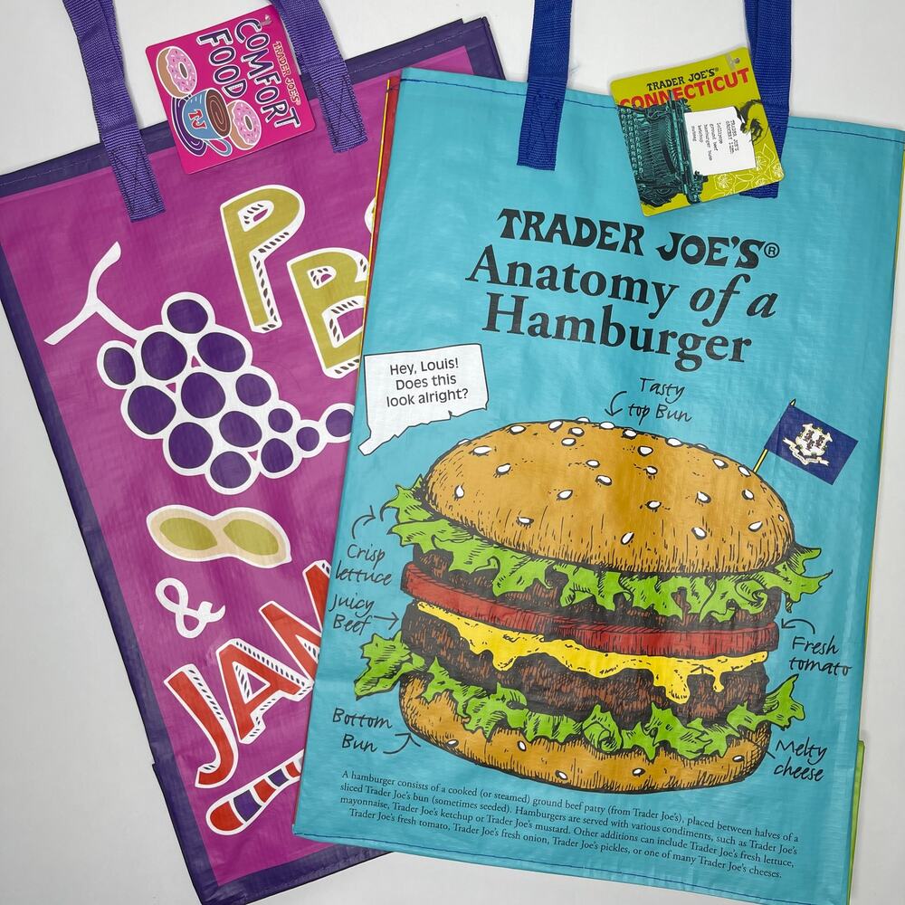 Set of 2 — Trader Joe’s Cartoon Reusable Tote Bags COMFORT FOOD + CONNECTICUT CT